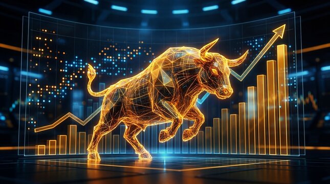 A glowing digital bull symbolizes a bullish stock market with rising bar charts and upward trend lines in a futuristic virtual interface.