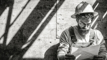 Fototapeta premium Construction worker wearing helmet and overalls reading blueprint on site with strong shadows and textured wall background in black and white artistic style