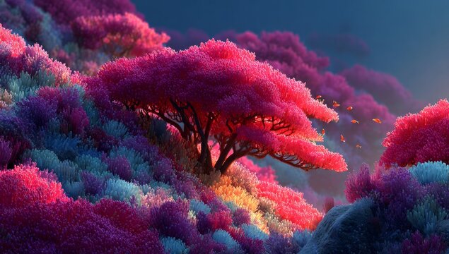 Under the water, pink corals display detailed textures, creating a natural marine ecosystem, teeming with ocean life, surrounded by calm blue water