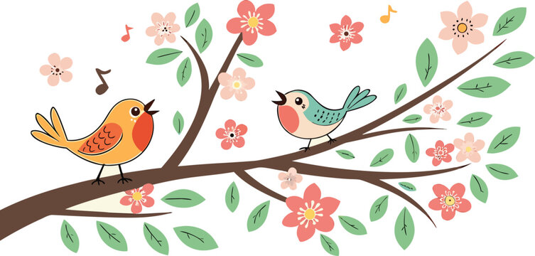 Blossom Birdsong: Two charming birds sing their hearts out from a branch adorned with spring blossoms, creating a whimsical symphony of nature.