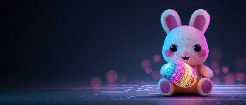 Artful easter celebration: colorful bunny holds decorated egg. Ai concept. Charming multicolor bunny holding easter egg against solid background. Technology future. Cyber technology.