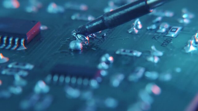 Close-up of a motherboard pc component repair. Man soldering a circuit board with soldering iron and solder