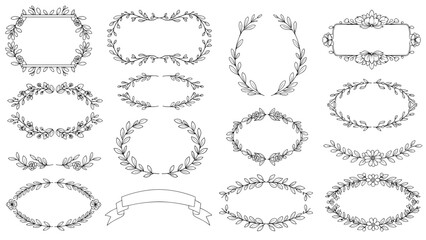 Fototapeta premium Extensive set of hand-drawn black and white floral wreaths, frames, and dividers for wedding and card design.