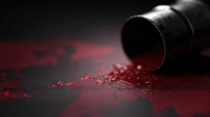 Breaking news energy crisis concept, cracked oil drum spilling oil over world map with red stock chart overlay, dramatic newsroom style