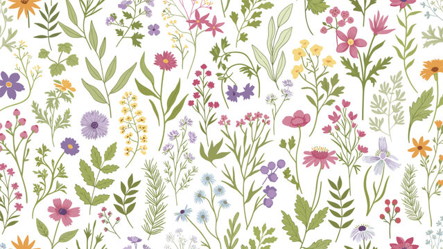 Vibrant wildflower meadow pattern featuring a variety of small colorful blossoms and green leaves on white.