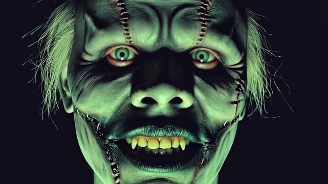 Cinematic close up of a creepy undead creature with stitched skin and glowing green eyes against a black background