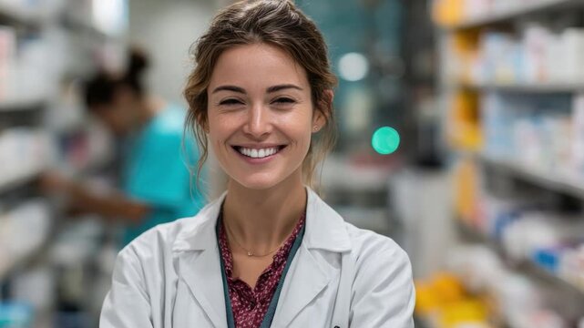 Smiling healthcare professional in a pharmacy setting with shelves filled with medicine and products in the background