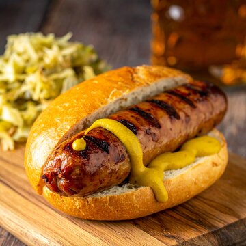 Authentic German bratwurst grilled to perfection, golden brown caramelized exterior, served in a crusty bread roll, mustard drizzle, sauerkraut on side, wooden board, beer stein background,.