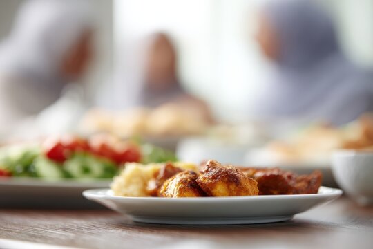 ramadan iftar dinner table with happy muslim family eating together in background