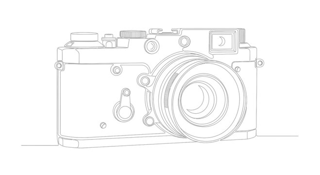Minimalist outline of a vintage camera with a detailed lens