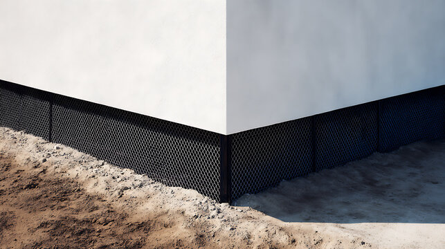 Minimalist shot of building foundation with drainage membrane, soil, and concrete, showcasing construction details and waterproof base layer