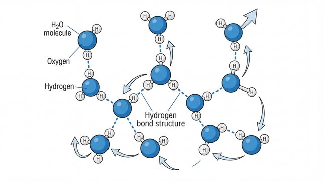 Diagram illustrating the hydrogen bond structure and interactions between water (H2O) molecules.