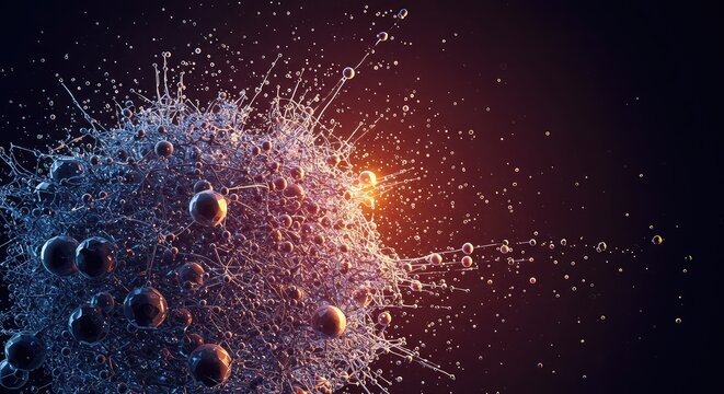 Abstract visualization of complex systems breaking down into random states, illustrating the fundamental concept of entropy and increasing universal disorder, structure, future, concept
