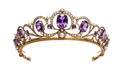 Exquisite vintage golden tiara adorned with vibrant amethyst gems and shimmering pearls © Ines