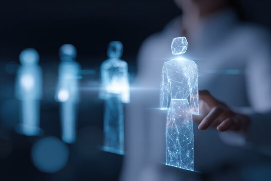 holographic AI coworker agent assisting human team with collaboration and business workflow automation concept