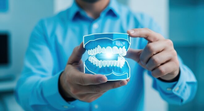 Professional hands manipulating virtual dental jaw model, blurred clinic, neon blue, dentistry tech, shallow depth, sharp stock image.
