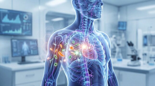 A digital medical visualization of a human upper body showcasing an active immune response with highlighted pathogens and immune cells in a clinical environment.