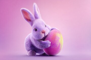 Obraz premium Springtime cheer: a festive bunny and its easter egg. Cinematic poster. Magenta bunny holding a decorated easter egg on a solid background. Cinema artwork. Advertising photo.