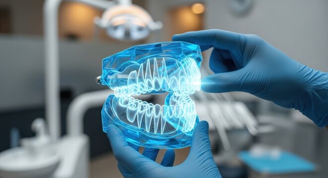 Professional hands manipulating virtual dental jaw model, blurred clinic, neon blue, dentistry tech, shallow depth, sharp stock image.