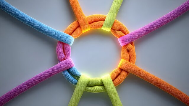 Eight pastel colored ropes curve organically from off frame into a soft circular knot in the center, gentle natural daylight