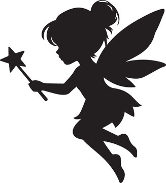 Cute Fairy Silhouette Flying with Magic Wand and Wings
