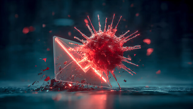 A highly detailed 3D illustration of a malicious digital virus entity, shaped like an organism, invading an email, exploding into a holographic email envelope icon.