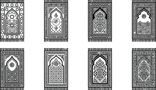 Islamic Arch Window Patterns, Black and White Vector Designs, Ornate Architectural Elements, 8 Decorative Frames