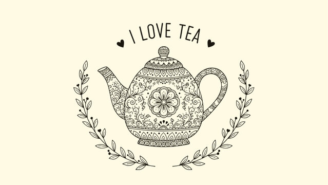Decorative teapot illustration featuring intricate floral and paisley patterns with the words I love tea written in a stylish font above.