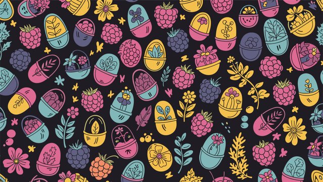 Rich pattern features various berries like raspberries and blackberries alongside small potted plants and flowers on a dark background.
