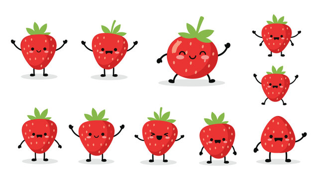 Adorable set of strawberry characters features different facial expressions and poses from waving to smiling on a clean white background.
