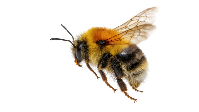 Close-up of a fuzzy bumblebee in flight, captured with intricate detail and vibrant colors