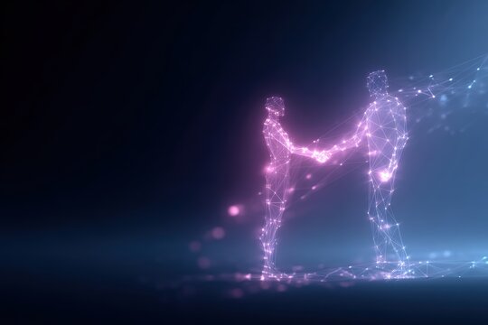 human and robot handshake surrounded by glowing network connections, future of work and artificial intelligence partnership concept
