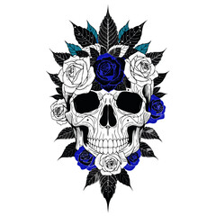 Fototapeta premium Decorative human skull with floral roses and botanical elements, gothic vector illustration