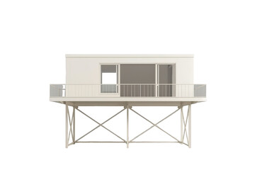 Fototapeta premium Modern minimalist white house architectural model isolated, elevated structure with balcony and large windows, architecture design concept