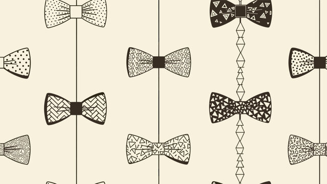 Collection of stylish bow ties with various patterns is arranged in a unique seamless design on a cream base.