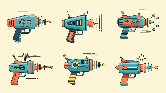 Collection of colorful retro futuristic ray guns and sci-fi blasters is shown in a flat illustration style.
