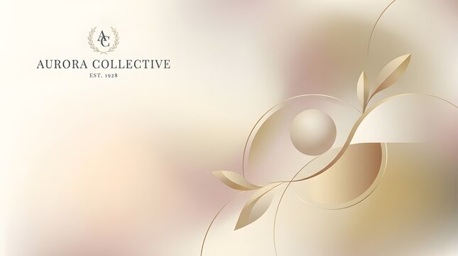 Aurora Collective Luxury Brand Identity Concept with Gold Botanical Elements and Spherical 3D Shapes on Soft Gradient Background Est 1928 Premium Logo Presentation