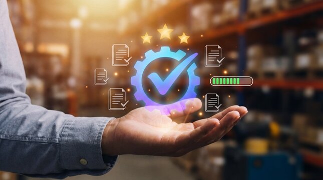 Hand holding quality assurance and standardization hologram in blurred warehouse background. Quality Assurance, Quality Control, Standardization, Supply Chain And Logistics