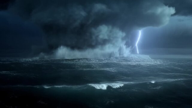 Cinematic wide shot of a massive tornado waterspout touching down on a dark and stormy ocean, dramatic lightning in background, 4k 60fps style
