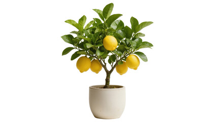Vibrant potted lemon tree with ripe yellow fruits on branches for a healthy garden