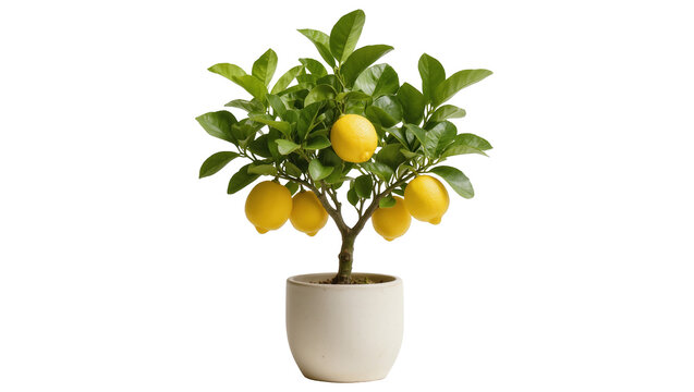 Vibrant potted lemon tree with ripe yellow fruits on branches for a healthy garden