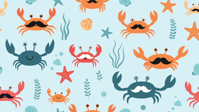 Fun maritime seamless pattern shows orange and blue crabs with mustaches swimming with starfish and seaweed on a blue background.