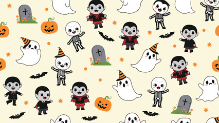 Fototapeta premium Cute seamless halloween pattern for children with friendly vampires, skeletons, ghosts, and pumpkins on cream background.