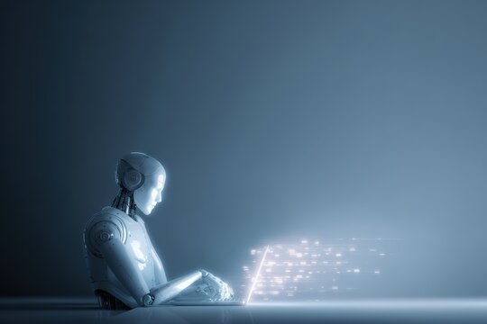 humanoid robot assisting programmer at laptop with holographic code interface, AI copilot and future workplace automation concept