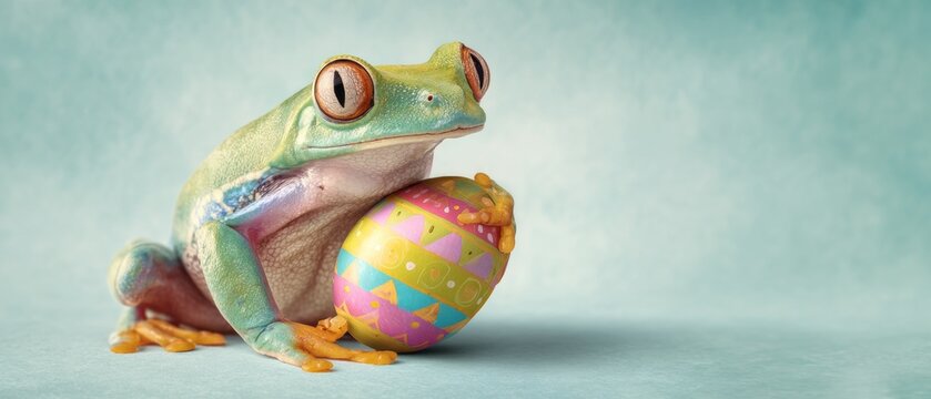 Joyful easter greetings: a frog's delightful egg. Advertising photo. Festive frog with vibrant egg on easter sunday. Premium design. Upscale style.