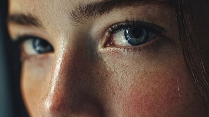Fototapeta premium A very close-up shot of a young person's expressive blue eye, teary and reflective, with visible freckles and the subtle emotion of sadness or vulnerability.