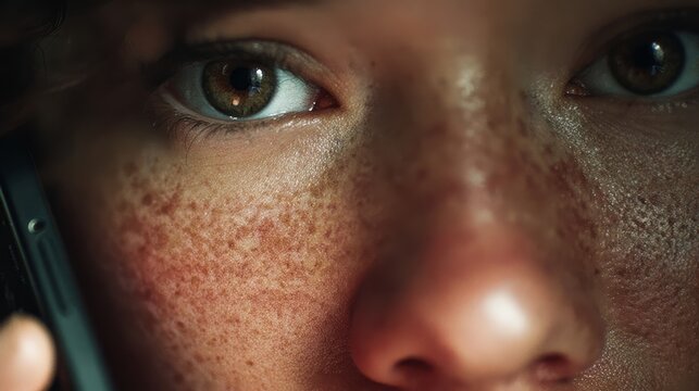 A tight close-up shot of a person's warm brown eye and freckled cheek, intensely focused while holding a smartphone to their ear during a conversation in low light.