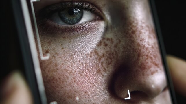 A detailed close-up reveals a person's blue eye and freckled face, framed by a smartphone screen displaying a real-time facial recognition scan with white tracking markers.