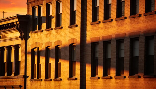 Bathing brick facade in warm sunset on city street, showing sash windows and diagonal shadows