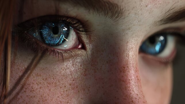 Close up of blue eye with freckles and intense gaze for beauty concepts